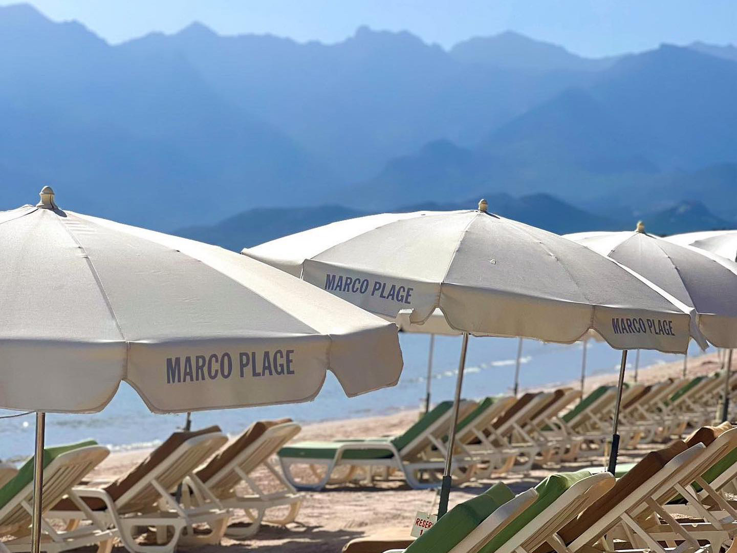 Plage privée Marco Plage avec parasols blancs et vue sur la baie de Calvi